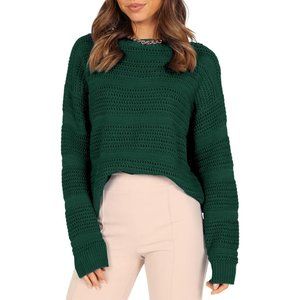Women's Casual Loose Hollow Out Round Neck Long Sleeve Cable Knit Sweaters